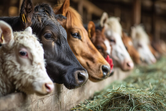 Farm Animals Eating Green Haylage from Trough Cows Horses Sheep Goats and Chickens Close Up Scene