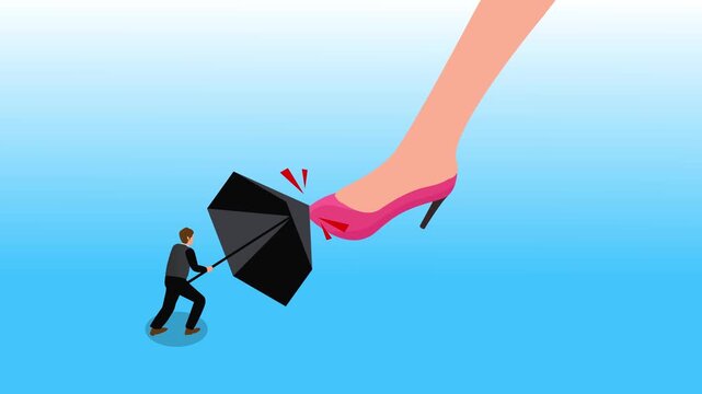 Small Businessman Using an Umbrella to Defend Himself Against a Giant Female Foot in High Heels 3d animation cartoon