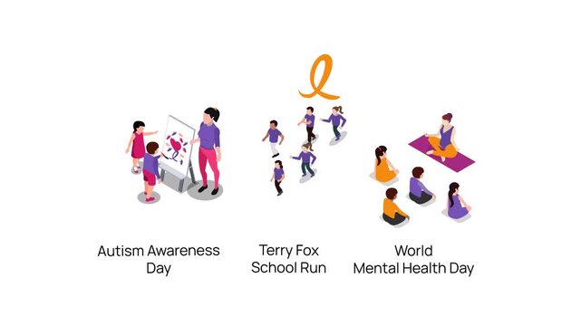 School Awareness Events: Autism Awareness Day, Terry Fox School Run, and World Mental Health Day 3d animation cartoon