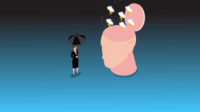 Mental Health Concept: Businesswoman with Umbrella Facing Stormy Thoughts in an Open Mind 3d animation cartoon