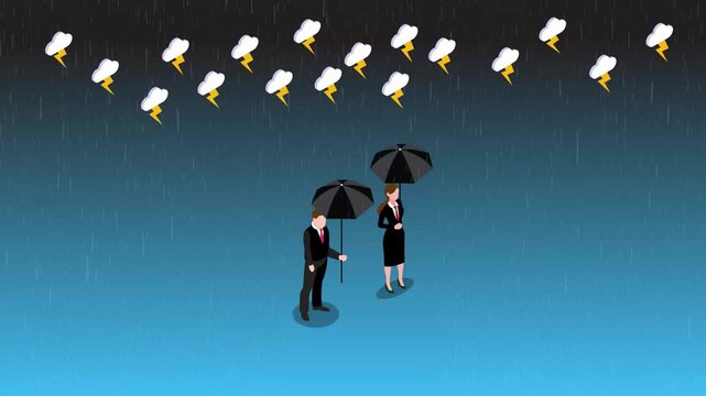 Business Professionals with Umbrellas Standing in Heavy Rain and Stormy Weather 3d animation cartoon