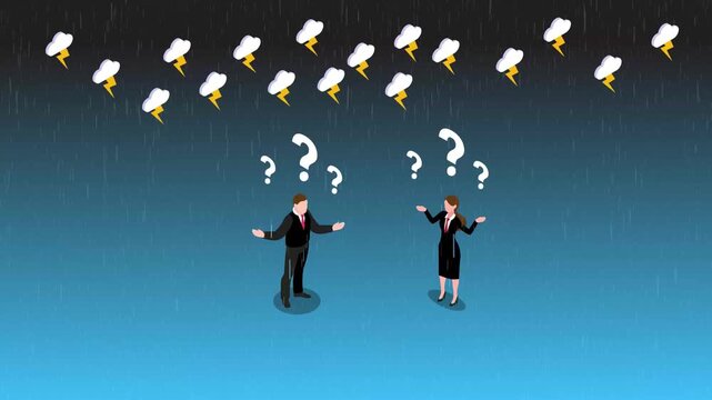 Confused Business Professionals Standing in Rainstorm with Question Marks and Lightning 3d animation cartoon