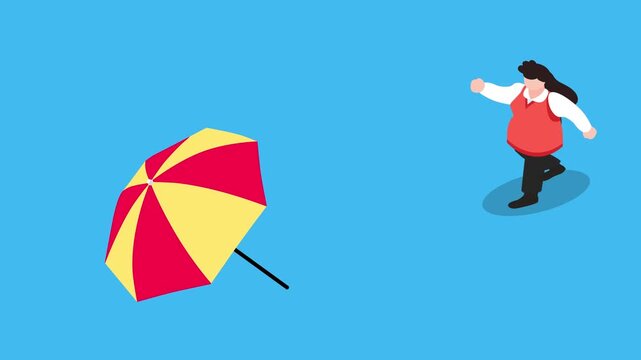 woman losing her umbrella in the wind: Businesswoman walking on a blue background as a red and yellow umbrella blows away, symbolizing risk or lack of protection 3d animation cartoon