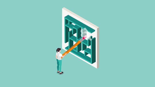 Creative Businesswoman Erasing Maze Walls to Find a Solution and Shortcut to Success 3d animation cartoon