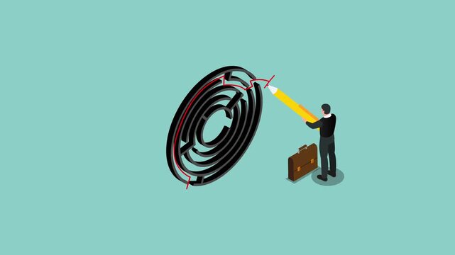 Businessman Using a Pencil to Draw a Direct Path Through a Circular Maze &ndash; Strategy and Problem Solving Concept 3d animation cartoon
