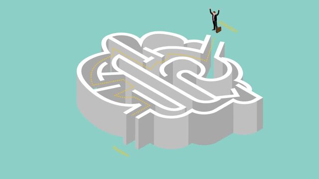 businessman navigating a brain-shaped maze from problem to solution 3d animation cartoon