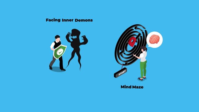 Mental health concept with man facing inner demons and woman navigating a mind maze for psychology, therapy, and cognitive healing 3d animation cartoon