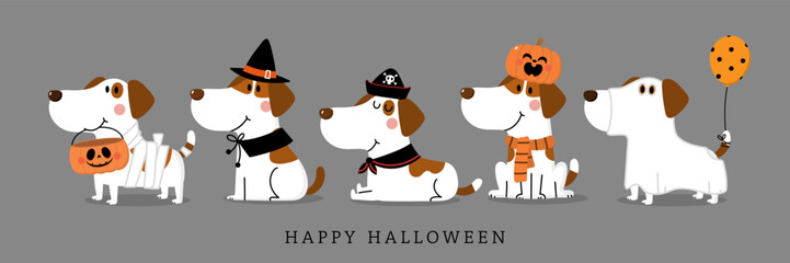 Happy halloween invitation card with cute puppy and dog in ghost party costumes. Animals holidays cartoon character. -Vector  © Dusida