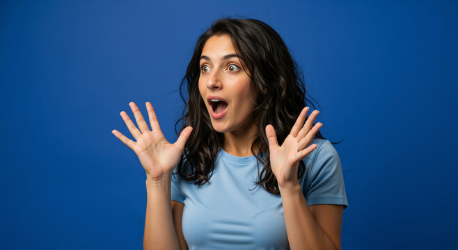 Surprised young woman with mouth open and hands raised. Excited female reacting to news against blue background. Portrait of shocked woman in blue t-shirt