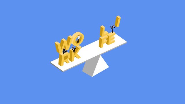 Work-Life Balance Illustration Featuring 3D Text and Business Characters on a Seesaw Scale 3d animation cartoon