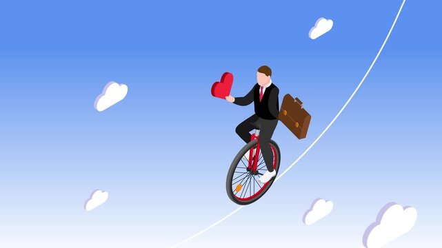 Businessman Balancing on Unicycle on Tightrope while Holding Heart and Briefcase Concept 3d animation cartoon