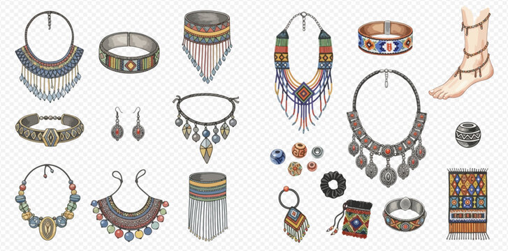 Collection of traditional ethnic jewelry items, including necklaces, bracelets, earrings, and anklets, with intricate designs and colorful beads.