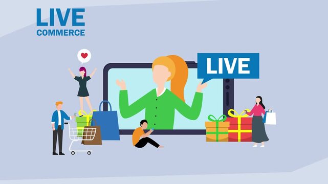 Live Commerce Concept with Influencer Streaming on Tablet and Customers Shopping cartoon animation