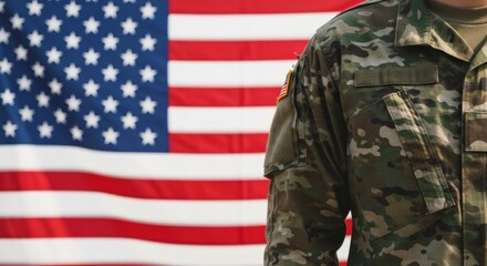 Fototapeta premium Memorial day tribute honoring fallen heroes in military uniform before american flag