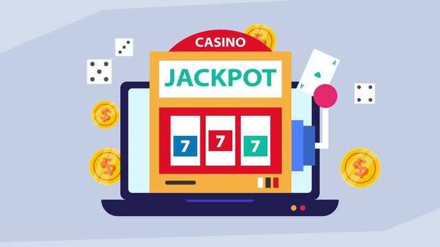 Online Casino Slot Machine Jackpot Concept on Laptop with Gold Coins and Dice cartoon animation