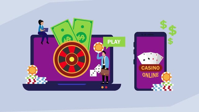Online Casino and Mobile Gambling Concept with Roulette, Poker Cards, and Business People cartoon animation