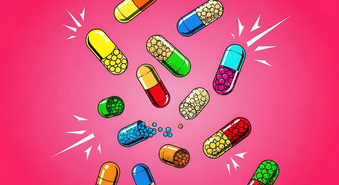 Vibrant colorful pill capsules in dynamic pop art explosion
