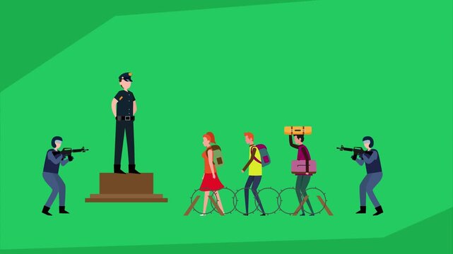Refugees and Migrants Crossing Border Fence Under Guard: Concept of Border Control, Migration Crisis, and Security cartoon animation
