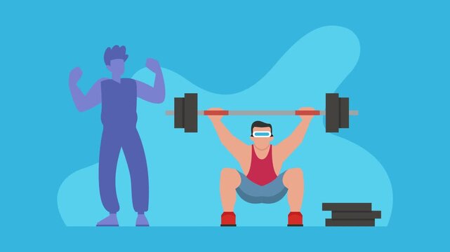 Man Training in Virtual Reality with Weightlifting Barbell and Digital Coach: VR Fitness and Metaverse Gym Concept cartoon animation