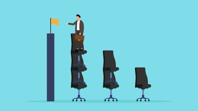 Businessman Balancing on Stacked Office Chairs to Reach Success Flag cartoon animation