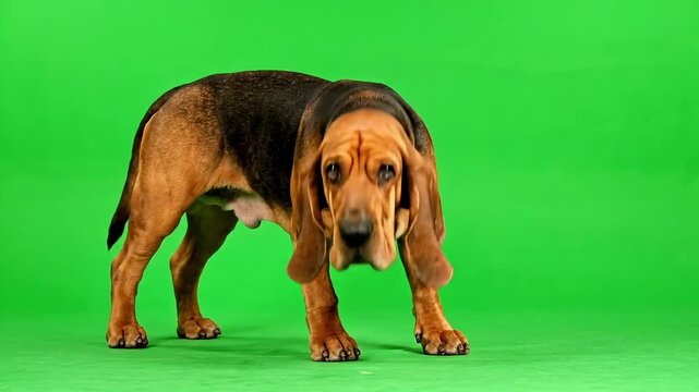 Sad bloodhound dog with droopy ears on a vibrant green background