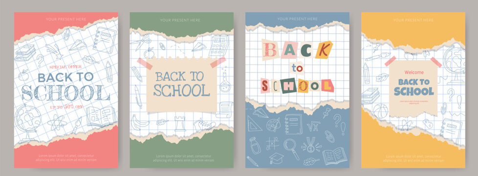 Set of vertical banners and posters for Back to School. School posters with torn paper, modern typography, letters cut out from magazines, and collage elements. Hand drawn school stationery on noteboo