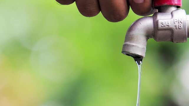 Close-up of a dripping faucet with flowing water, symbolizing conservation and waste. The faucet is set against a blurred green background. 