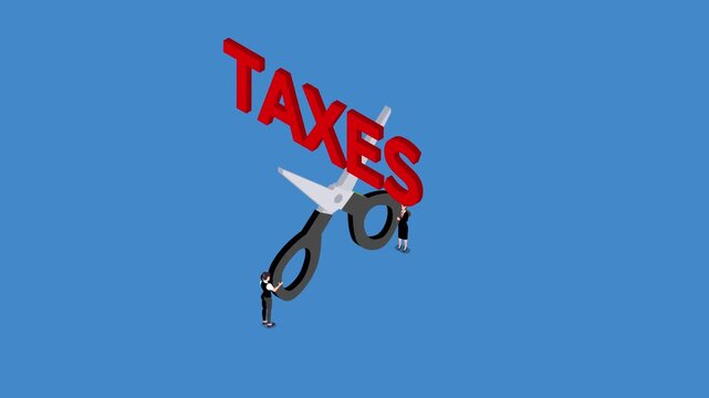 Business People Using Giant Scissors to Cut Taxes for Financial Savings 3d animation cartoon