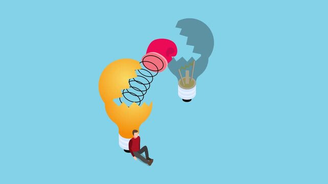 Innovation Conflict and Competitive Ideas Concept: Boxing Glove Springing from One Lightbulb to Break Another with Man Sitting in Despair 3d animation cartoon