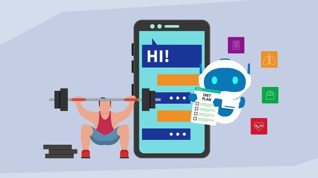 AI Fitness Coach and Diet Plan Assistant Concept with Robot Helping Man Workout and Tracking Health Data on Smartphone cartoon animation