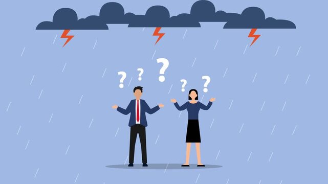 Confused Business People Standing in Rain with Question Marks cartoon animation