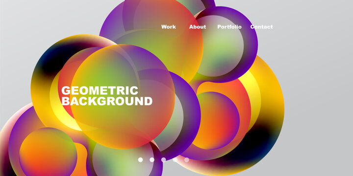 Abstract colorful shapes overlap, creating dynamic visual effect. Text labels present work, about, portfolio, contact options.