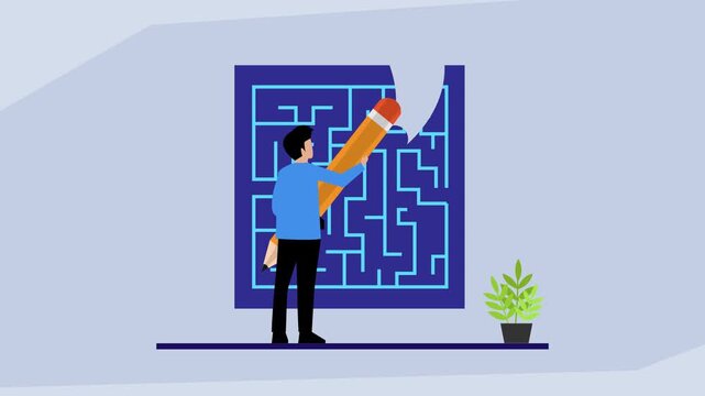 Businessman Erasing Complex Maze Problem with Large Pencil cartoon animation