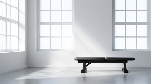 Adjustable weight bench in a bright modern room, large windows, minimalist professional setup