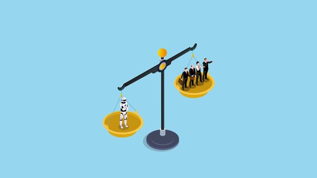 AI vs Human Workforce: Isometric Robot and Business Team on Weight Scales Representing Automation and Labor Balance 3d animation cartoon