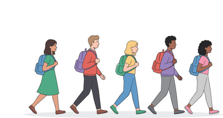 Fototapeta premium Diverse group of university and high school students walking with backpacks in casual clothes flat vector character set