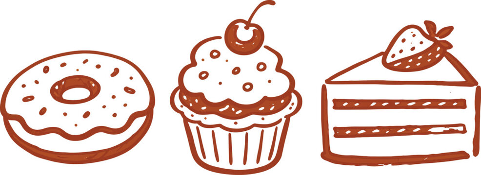 Hand-drawn dessert doodle set, donut cupcake and cake slice, brown monoline ink, minimalist outline, clean white background, vector style, simple bakery icons, consistent stroke, cute food ilustration