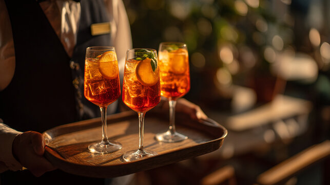 Three colorful cocktails are served on a wooden tray outdoors during sunset
