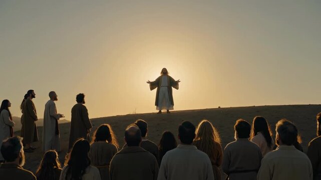 Jesus Christ delivering the Sermon on the Mount to a gathered crowd at sunset