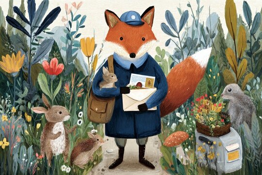 Fox walking through forest holding map.