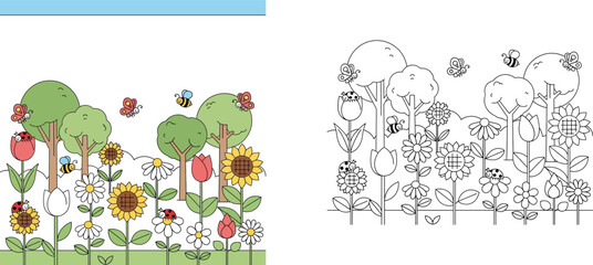 Cute Garden Landscape Coloring Page and Color Illustration Set for Kids, Sunflowers, Daisies, Bees and Insects Educational Activity Worksheet Vector Design for Children's Book © MMONIR