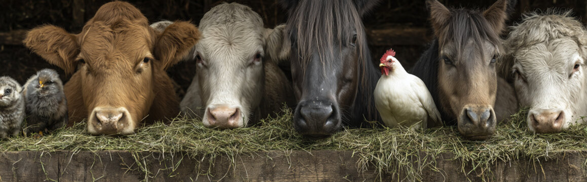 Farm Animals Eating Green Haylage from Trough Cows Horses Sheep Goats and Chickens Close Up Scene