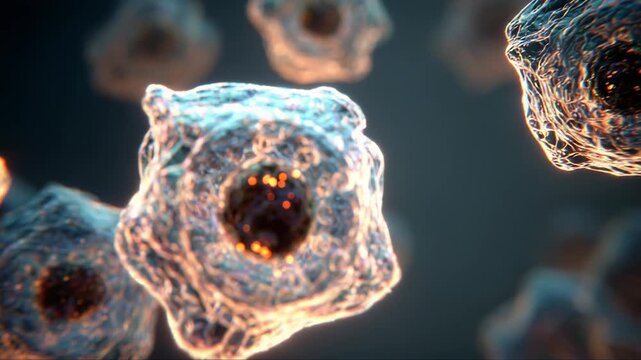 Cells with visible nuclei and intricate membranes glowing, symbolizing scientific research, biology, and medical advancements at a detailed cellular level