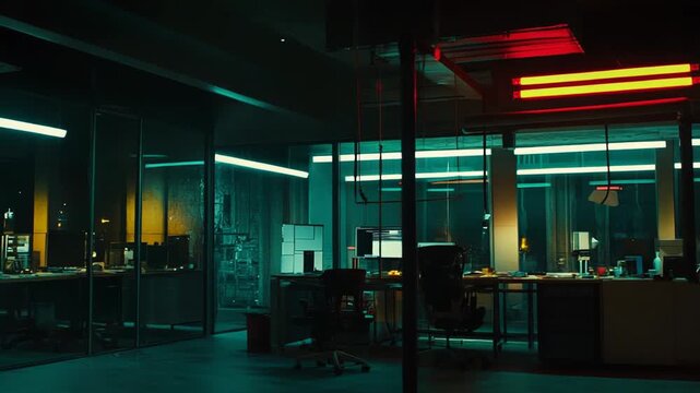 Dark futuristic office featuring glass partitions, empty workstations, high tech equipment, and neon lights, creating a mood of solitude and modern technology