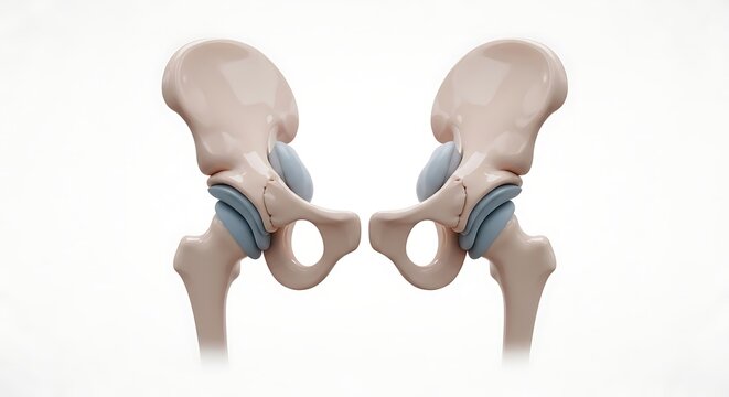 Detailed anatomical illustration of human hip bones, showcasing skeletal structure and joint articulation.