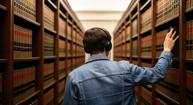 Young Caucasian Male Law Student with Headphones Researching in Legal Library