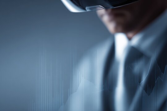 Professional person wearing AR glasses and a sharp suit, virtual data dashboard view