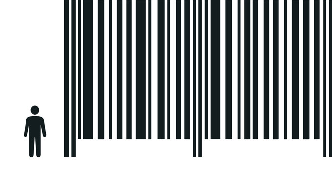 A person stands facing a large barcode scanner in an industrial setting.