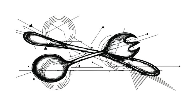 Spoon and fork crossed with geometric line art abstract background.