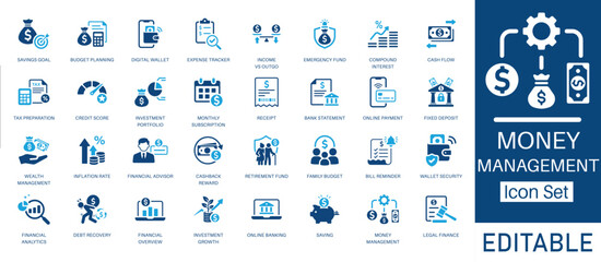 Money Management and Personal Finance solid icon set. Featuring digital wallet, wealth management, and investment portfolio. Vector icons for budget planning and financial strategy projects.